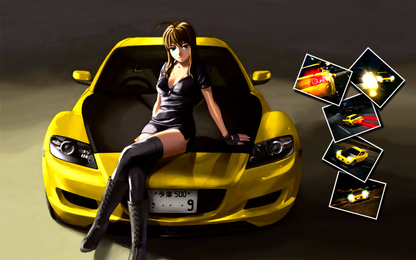ahoge arm_support artoria_pendragon_(all) blonde_hair boots breasts car cleavage crossed_legs fate/stay_night fate_(series) fingerless_gloves gloves green_eyes ground_vehicle highres legs mazda mazda_rx-8 medium_breasts miniskirt motor_vehicle night on_vehicle saber sitting skirt thighhighs third-party_edit wallpaper zettai_ryouiki