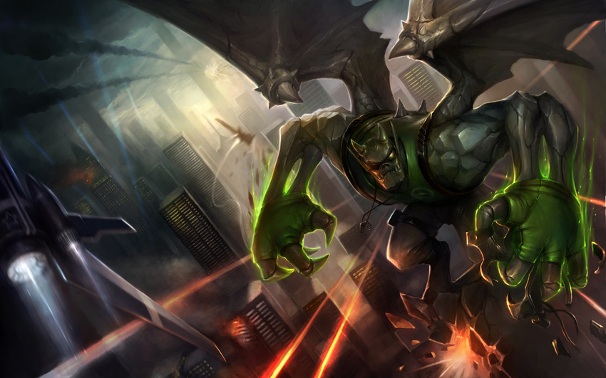 absurdres galio green_skin highres horns league_of_legends male_focus monster solo wings zhuore_zhi_hen