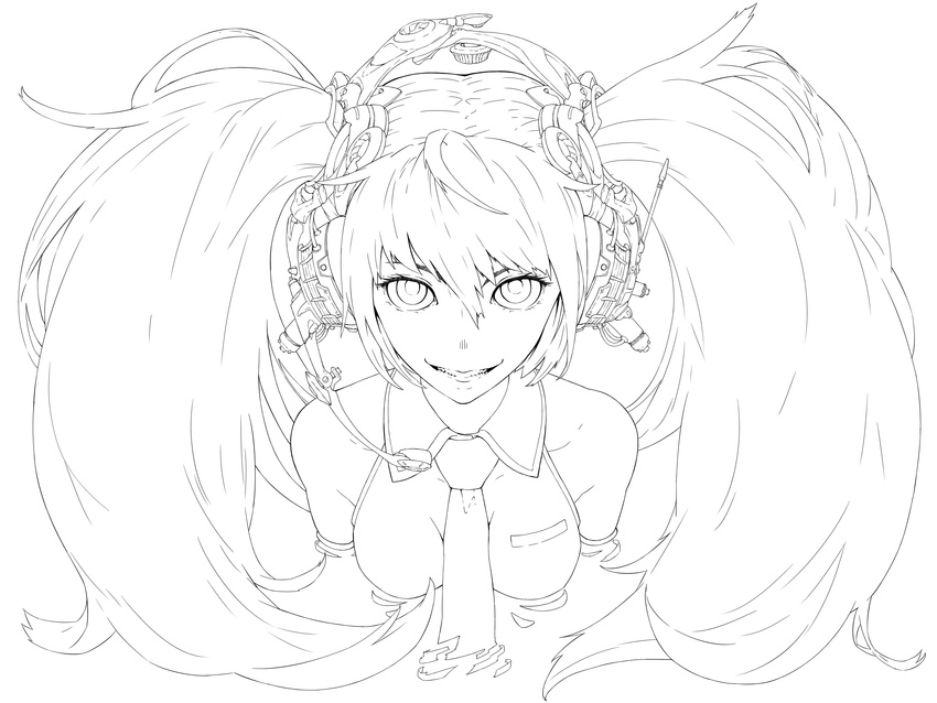absurdres breasts greyscale hatsune_miku headphones highres jaco lineart long_hair looking_at_viewer medium_breasts monochrome necktie smile solo transparent_background twintails vocaloid work_in_progress