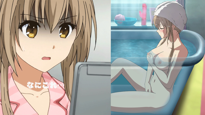 1girl amagi_brilliant_park animated animated_gif bathing bathtub blush breast_grab breasts brown_eyes brown_hair cleavage computer dildo fingering grabbing laptop large_breasts masturbation navel nipples nude open_mouth recording self_fondle sento_isuzu solo thighs towel towel_on_head wet