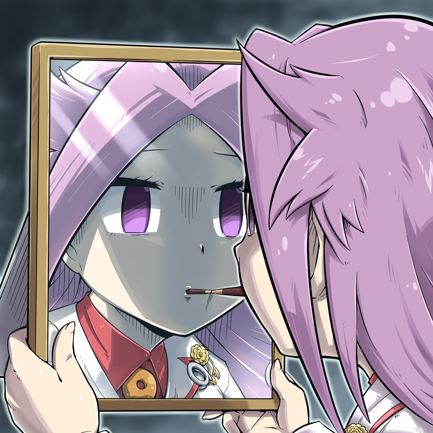 blank_stare dress_shirt empty_eyes food highres jun'you_(kantai_collection) kantai_collection lonely long_hair looking_at_mirror mirror pocky pocky_day purple_eyes purple_hair reflection shirt solo spiked_hair tokkyuu_mikan you're_doing_it_wrong