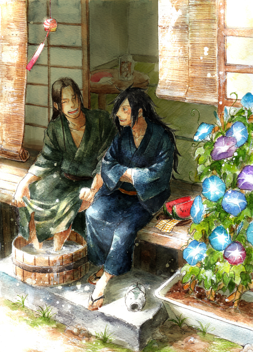 absurdres black_hair closed_eyes commentary_request fan flower food fruit highres iced_tea japanese_clothes kayari_buta kimono long_hair male_focus morning_glory multiple_boys naruto_(series) naruto_shippuuden ninja paper_fan piyoshi senju_hashirama smile soaking_feet summer traditional_media uchiha_madara uchiwa water watercolor_(medium) watermelon wind_chime yukata