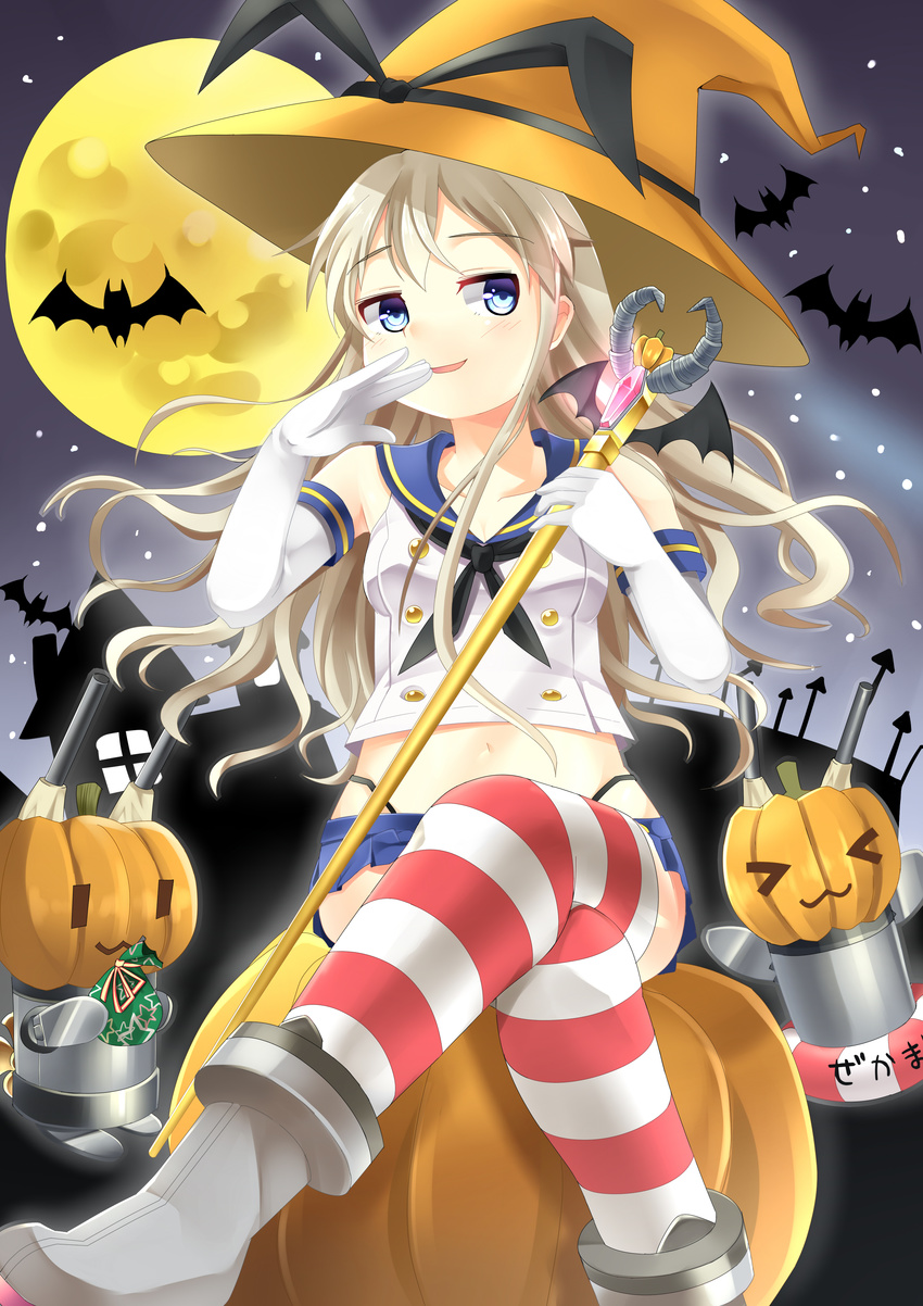 &gt;_&lt; absurdres bat blonde_hair blue_eyes closed_eyes elbow_gloves full_moon gloves halloween hat highres kantai_collection lifebuoy long_hair miniskirt moon navel pumpkin rensouhou-chan sailor_collar shimakaze_(kantai_collection) silhouette sitting skirt smile solo staff striped striped_legwear thighhighs translation_request wars-ma witch_hat yellow_moon