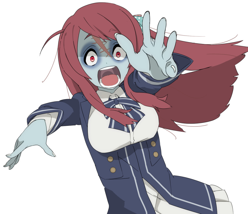 1girl ahoge bandage bow eyebrows_visible_through_hair forehead_scar hair_bow hair_ornament long_hair minamoto_sakura open_mouth outstretched_arms pettan polka_dot red_eyes red_hair school_uniform solo zombie zombie_land_saga zombie_pose