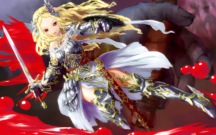 armor armored_dress battle blonde_hair blood breastplate faulds freia_(reginleiv) gasketsu gauntlets greaves hairpods highres jewelry long_hair necklace red_eyes scabbard severed_hand sheath shield showgirl_skirt solo_focus sword tiara weapon zangeki_no_reginleiv