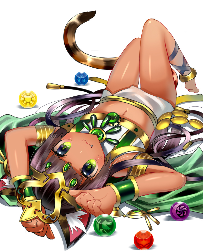 :3 absurdres animal_ears anklet bangs barefoot bastet_(p&amp;d) black_hair blunt_bangs blush bracer cat_ears cat_tail dark_skin edel_(edelcat) egyptian fang_out green_eyes hair_ornament headpiece highres jewelry long_hair looking_at_viewer lying md5_mismatch navel on_back orb puzzle_&amp;_dragons simple_background skirt solo strapless tail thigh_gap tubetop upside-down white_background white_skirt