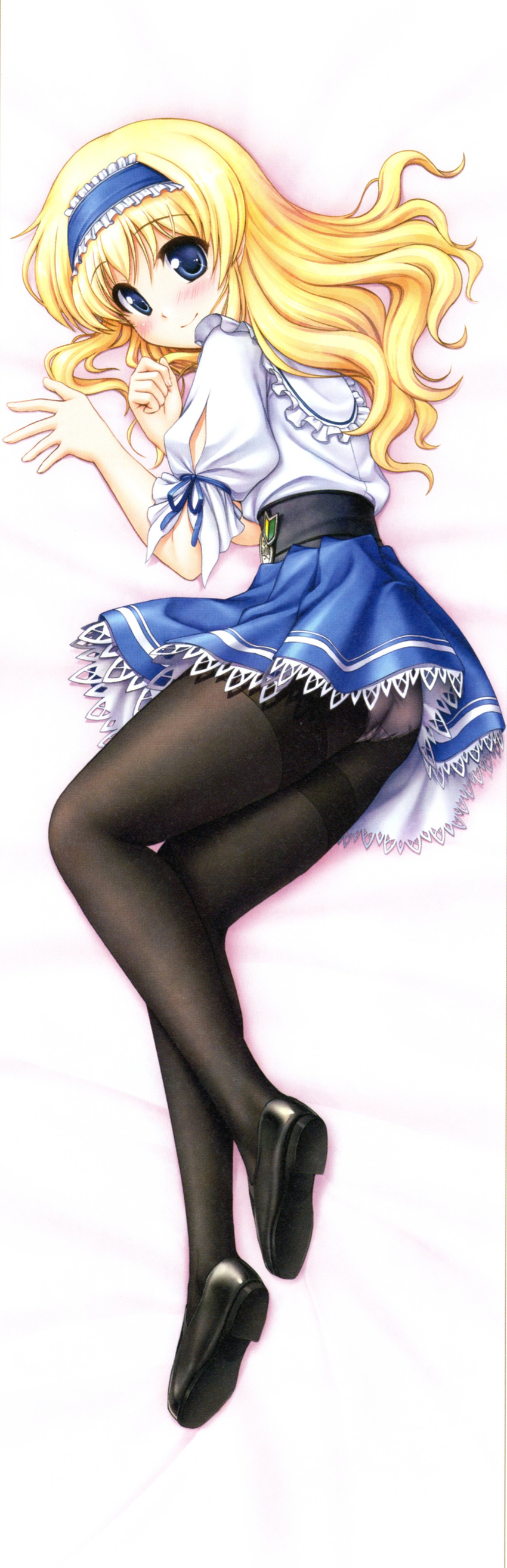 absurdres arm_ribbon ass bekkankou black_legwear blonde_hair blue_eyes blush daitoshokan_no_hitsujikai dakimakura full_body hairband highres legs lolita_hairband long_hair looking_back lying official_art on_side panties panties_under_pantyhose pantyhose pantyshot ribbon scan shoes smile solo suzuki_kana thighband_pantyhose underwear waitress