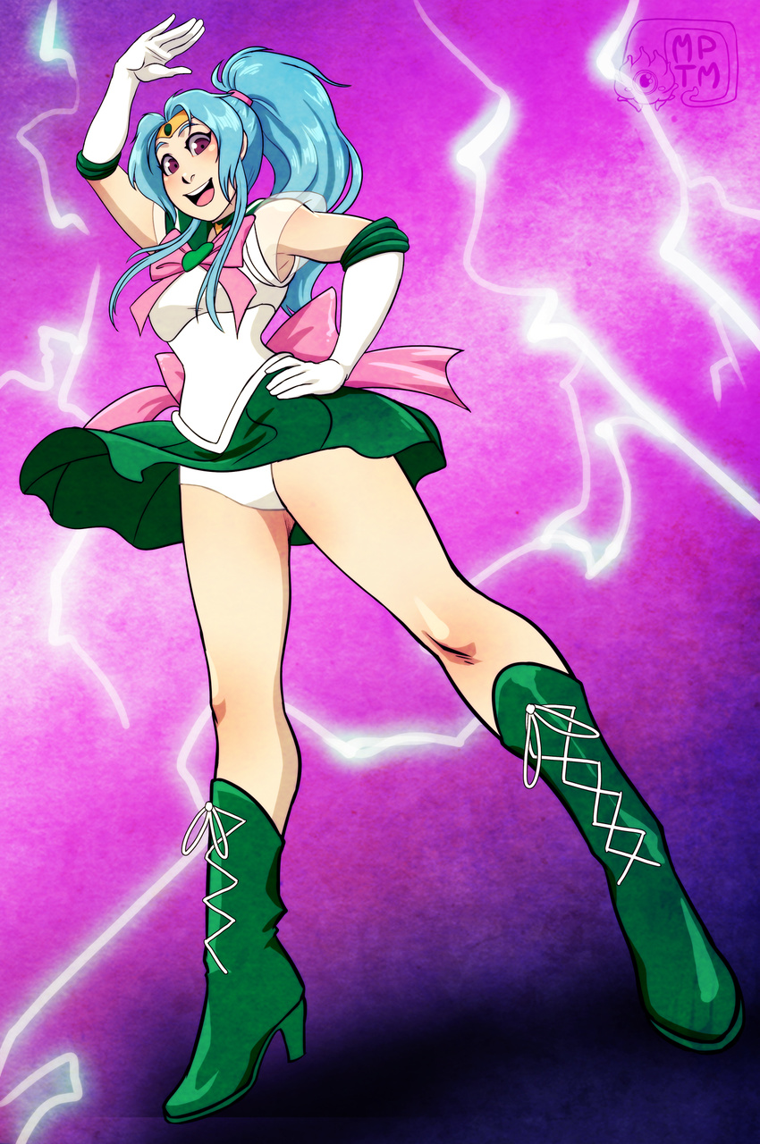 bishoujo_senshi_sailor_moon blue_hair boots botan botan_(yuu_yuu_hakusho) bow breasts cosplay crossover full-color gloves large_breasts legs lightning long_hair my_pet_tentacle_monster pink_eyes ponytail pose sailor_jupiter sailor_jupiter_(cosplay) skirt tiara upskirt yuu_yuu_hakusho