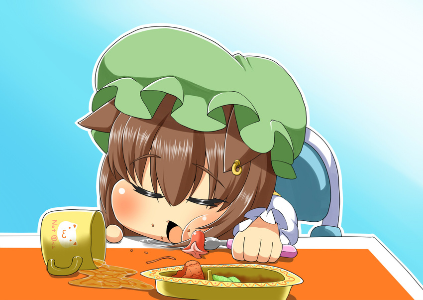 :3 animal_ears brown_hair cat_ears chen chibi closed_eyes cup earrings eating food fork hat jewelry short_hair solo touhou verta_(verlaine) younger