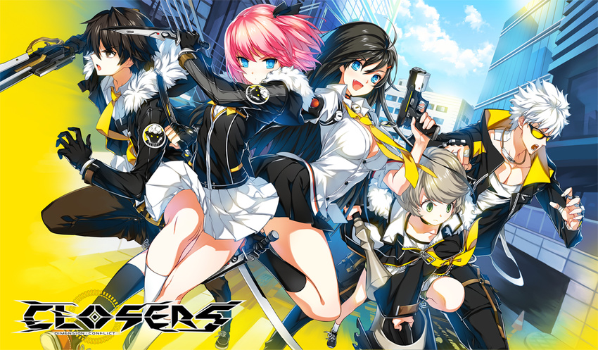 3boys :d black_eyes black_gloves black_hair black_legwear blue_eyes breasts brown_hair building chkuyomi closers cloud copyright_name fang fur_trim gloves green_eyes gun hairband handgun j_(closers) large_breasts long_hair looking_at_viewer mistilteinn_(closers) multiple_boys multiple_girls necktie open_mouth pink_hair reverse_grip seha_lee seulbi_lee skirt sky smile socks sunglasses sword very_long_hair weapon white_hair white_legwear yuri_seo