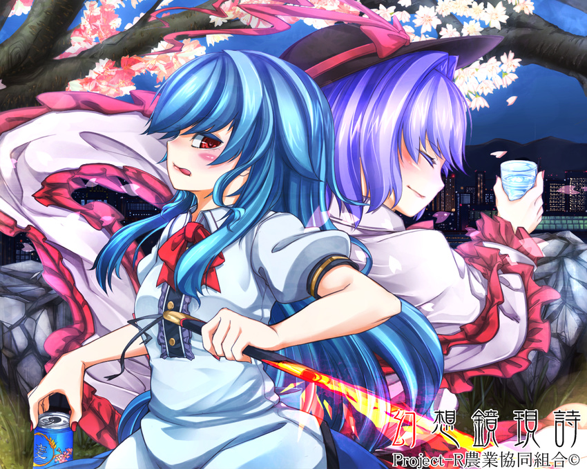 bad_id bad_pixiv_id blue_hair bow can cherry_blossoms cityscape closed_eyes frills hanamaru-s hat hinanawi_tenshi leaning_on_person long_hair multiple_girls nagae_iku night no_hat no_headwear petals purple_hair red_eyes ribbon shawl short_hair smile sword_of_hisou touhou water weapon