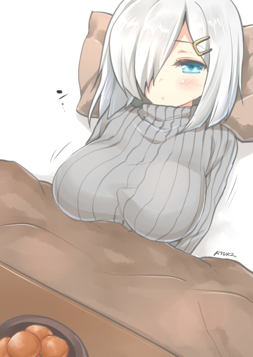 absurdres alternate_costume blue_eyes blush breasts food fruit hair_ornament hair_over_one_eye hairclip hamakaze_(kantai_collection) highres kantai_collection kotatsu large_breasts looking_at_viewer mandarin_orange ribbed_sweater ryuki_(ryukisukune) short_hair silver_hair solo sweater table