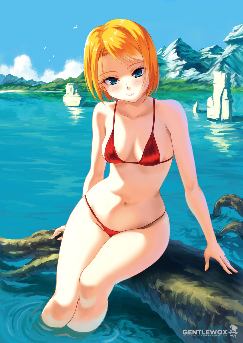 absurdres bikini blonde_hair blue_eyes blush collarbone highres mountain navel original red_bikini short_hair sitting smile solo stomach swimsuit water wox