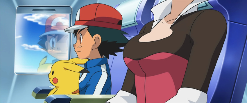 1boy 1girl breasts pansy_(pokemon) pikachu pokemon satoshi_(pokemon) screencap stitched