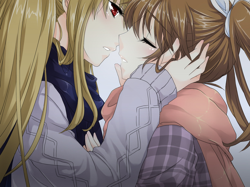 2girls artist_request blonde_hair blush brown_hair couple eyes_closed fate_testarossa female hair_ornament incipient_kiss looking_at_another lyrical_nanoha mahou_shoujo_lyrical_nanoha mahou_shoujo_lyrical_nanoha_a's mahou_shoujo_lyrical_nanoha_a's minamoto multiple_girls red_eyes scarf sweater takamachi_nanoha winter yuri