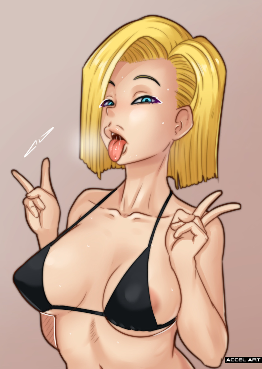 1girl accel_art android_18 areola_slip areolae bare_arms bare_shoulders bikini bikini_top black_bikini blonde_hair blue_eyes breasts brown_background collarbone double_v dragonball_z forehead half-closed_eyes large_breasts looking_at_viewer open_mouth saliva short_hair simple_background solo swimsuit tongue tongue_out upper_body upper_teeth v