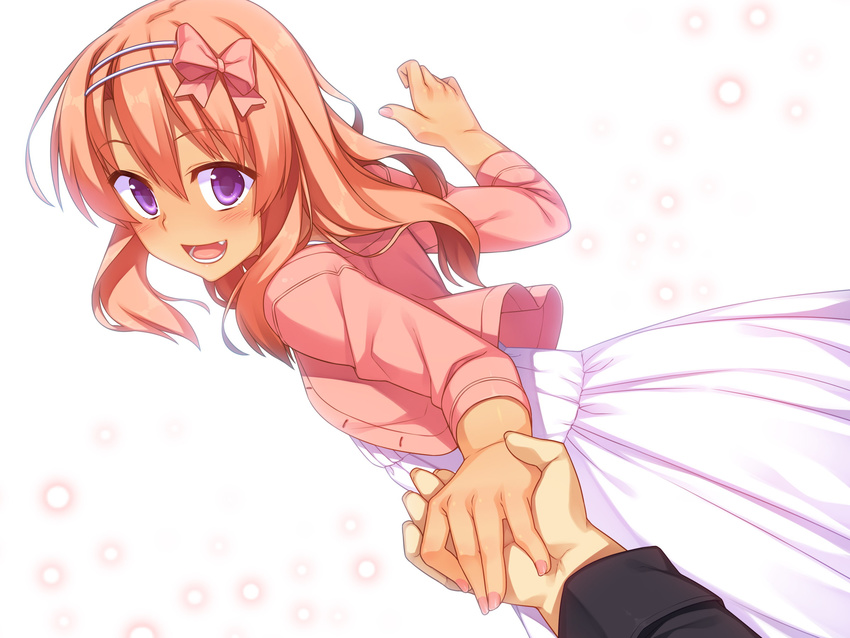 :d blush bow dress fang hair_bow hairband highres holding_hands izumi_(racer) long_hair looking_at_viewer open_mouth original out_of_frame pink_hair pov pov_hands purple_eyes racer_(magnet) smile solo_focus tan