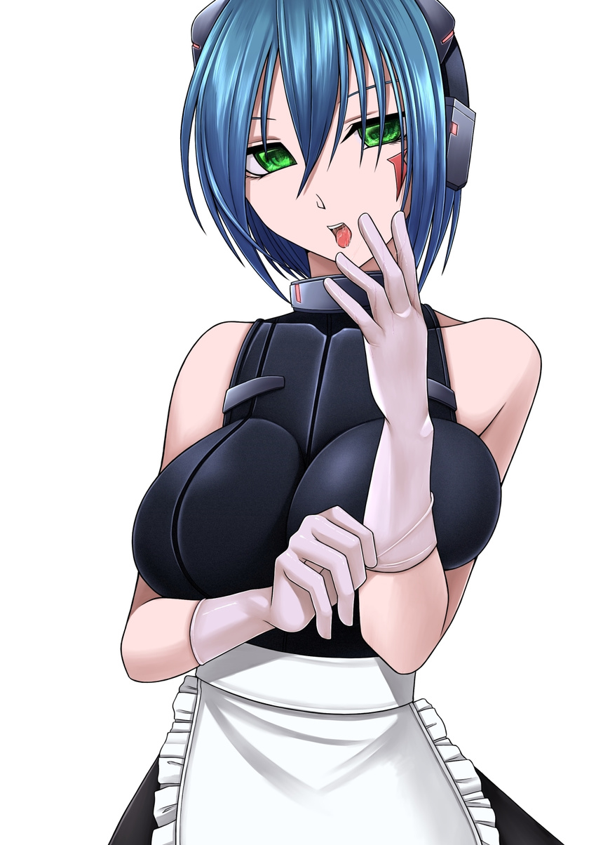 1girl aebafuti apron bare_shoulders blue_hair breast_press breasts gloves green_eyes highres large_breasts looking_at_viewer open_mouth short_hair simple_background solo standing white_background