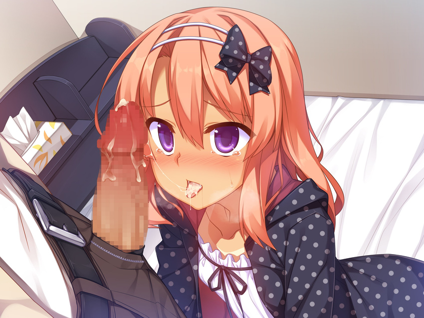 1girl blush bow censored cum cum_in_mouth cum_on_tongue cum_string fang hair_bow hairband hetero highres izumi_(racer) long_hair one-piece_tan open_mouth oral original penis pink_hair purple_eyes racer_(magnet) sitting solo_focus sweat tan tanline tears tongue tongue_out