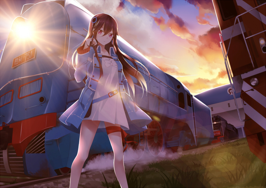 belt brown_hair china_railway_girl dress ground_vehicle hairband jacket long_hair looking_at_viewer personification pink_eyes qiuzhi_huiyi railroad_tracks ribbon short_dress solo thigh_ribbon train white_dress