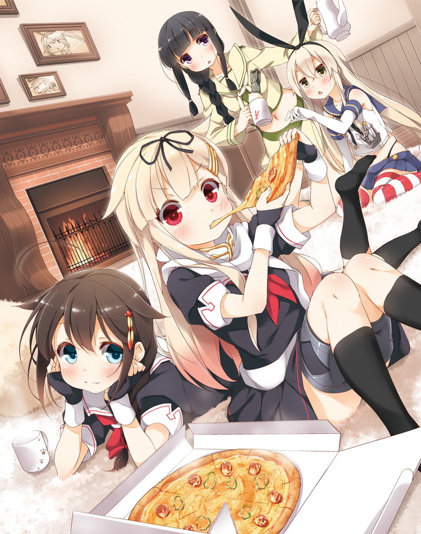 ahoge anchor_hair_ornament bangs bare_shoulders black_bow black_gloves black_panties black_serafuku black_skirt blonde_hair blue_eyes blue_skirt blunt_bangs blush bow braid brown_hair crop_top cup dutch_angle eating elbow_gloves fairy_(kantai_collection) fingerless_gloves fireplace food gloves green_eyes hair_between_eyes hair_bow hair_flaps hair_ornament hair_ribbon hairband hairclip head_rest highleg highleg_panties highres kantai_collection kitakami_(kantai_collection) kneehighs knees_together_feet_apart long_hair long_sleeves looking_at_viewer lying midriff mug multiple_girls neckerchief no_shoes on_stomach panties picture_frame pizza pleated_skirt puffy_short_sleeves puffy_sleeves red_eyes red_neckwear remodel_(kantai_collection) ribbon ryuusei_(kantai_collection) sailor_collar scarf school_uniform serafuku shigure_(kantai_collection) shimakaze_(kantai_collection) short_sleeves single_braid sitting skirt striped striped_legwear teapot tenzan_(kantai_collection) thighhighs torpedo triangle_mouth underwear white_gloves white_scarf yume_no_owari yuudachi_(kantai_collection)