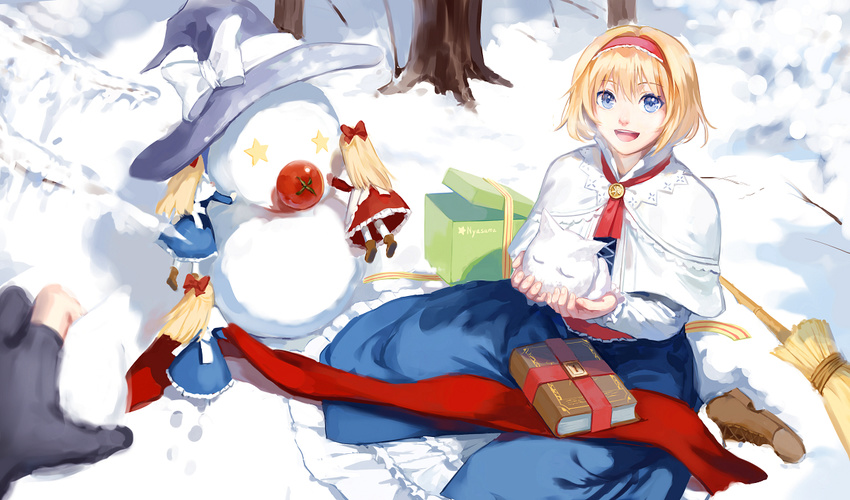 alice_margatroid bad_id bad_pixiv_id blonde_hair blue_eyes book boots bow box brooch broom capelet dress fancybetty frills hairband hat hourai_doll jewelry kirisame_marisa lock looking_at_viewer multiple_girls ribbon shanghai_doll short_hair sitting smile snow star tomato touhou tree witch_hat