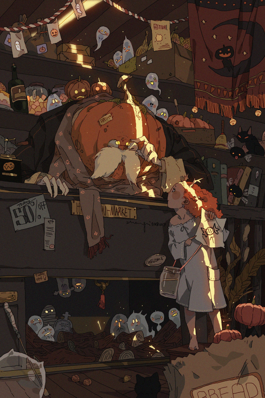 1girl absurdres black_hat bottle box chestnut child commentary dress english_commentary ghost hat highres jar long_sleeves orange_hair original personification pointing pumpkin white_dress wine_bottle witch_hat wooden_floor xi_zhang