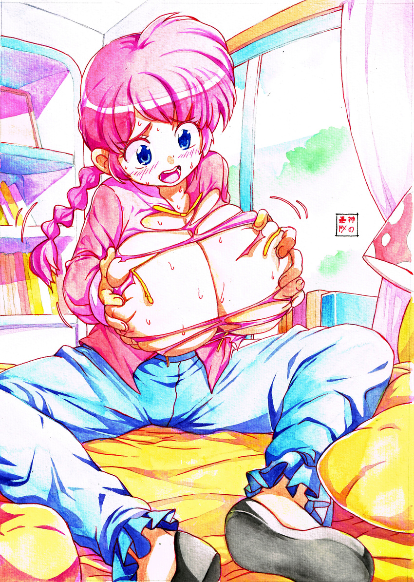 1girl alternate_breast_size bed blue_eyes blush braid breast_expansion breast_grab breast_hold breast_squeeze breasts chinese_clothes chinese_clothing eudetenis expansion female genderswap highres huge_breasts huge_filesize long_hair motion_lines nipples on_bed open_mouth pink_hair ranma-chan ranma_1/2 red_hair saotome_ranma single_braid sitting solo sweat torn_clothes wardrobe_malfunction