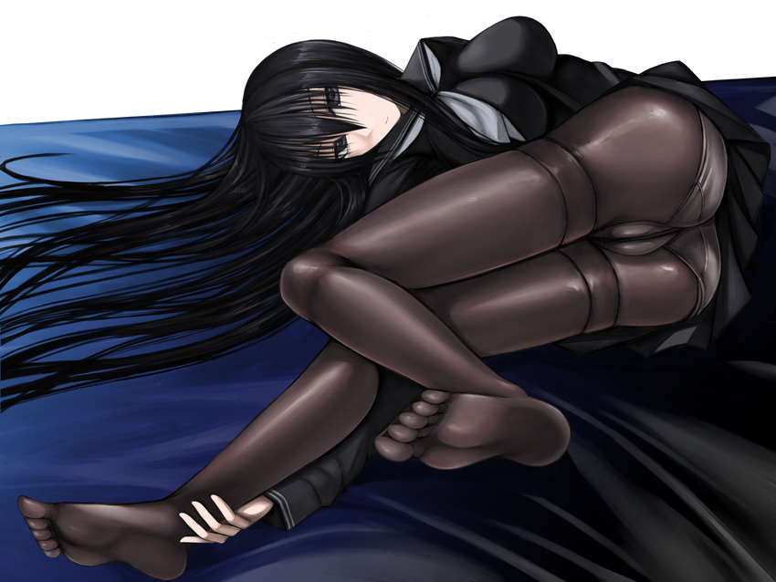 1girl aebafuti ass black_eyes black_hair breasts feet highres large_breasts legs long_hair looking_at_viewer lying no_shoes on_side panties panties_under_pantyhose pantyhose school_uniform serious simple_background skirt solo thighs toes underwear