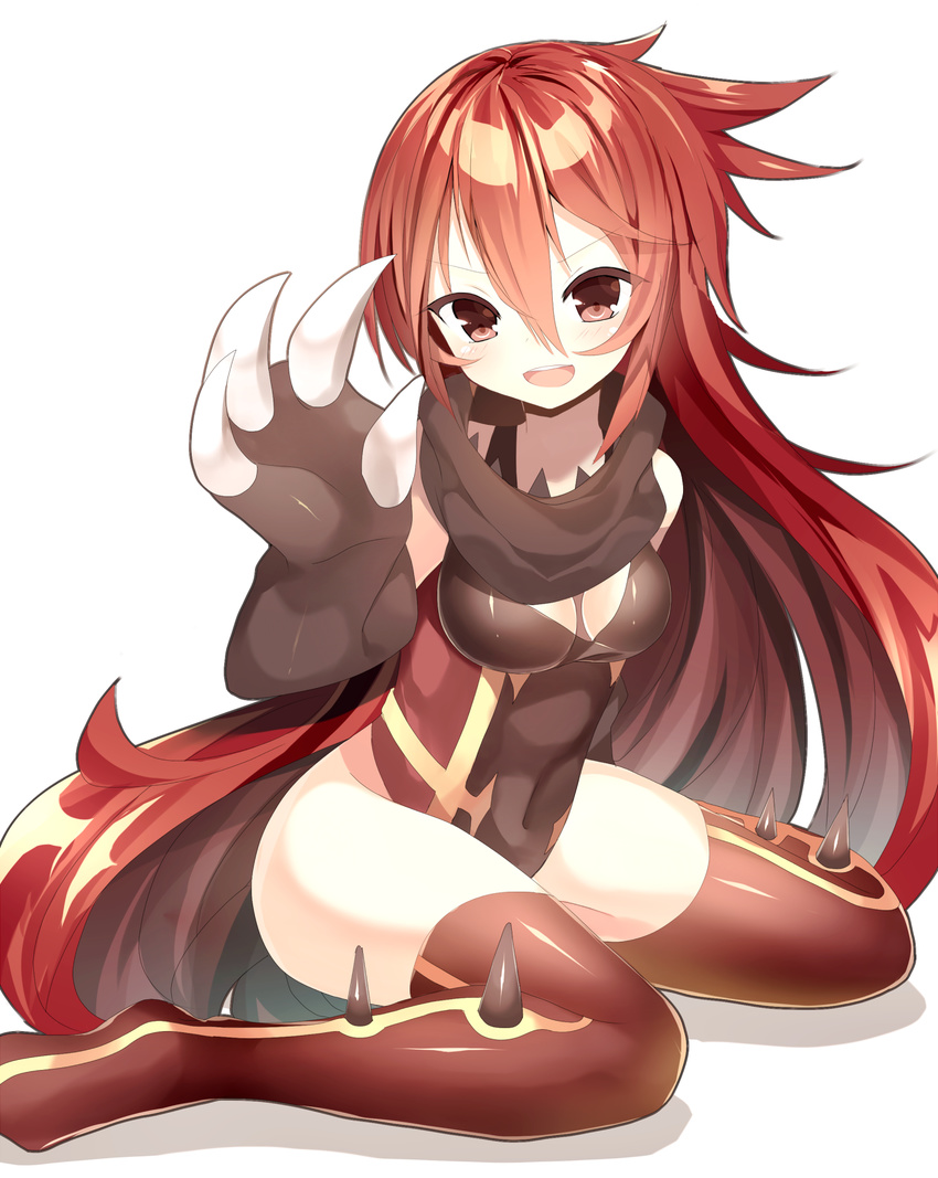 bottomless breasts claws gen_3_pokemon groudon highres kuro_guren long_hair looking_at_viewer medium_breasts open_mouth personification pokemon red_eyes red_hair scarf sitting smile solo thighhighs white_background