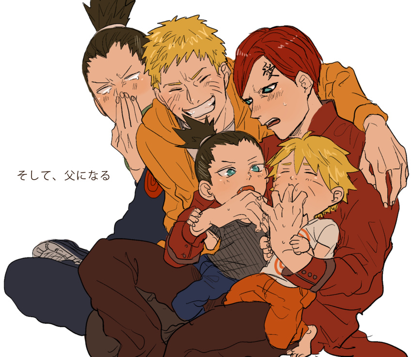 bad_id bad_pixiv_id black_hair blonde_hair covering_mouth facial_mark father_and_son finger_sucking gaara grin long_hair male_focus mtmting multiple_boys nara_shikadai nara_shikamaru naruto naruto_(series) ponytail red_hair smile sucking tattoo uncle_and_nephew uzumaki_boruto uzumaki_naruto