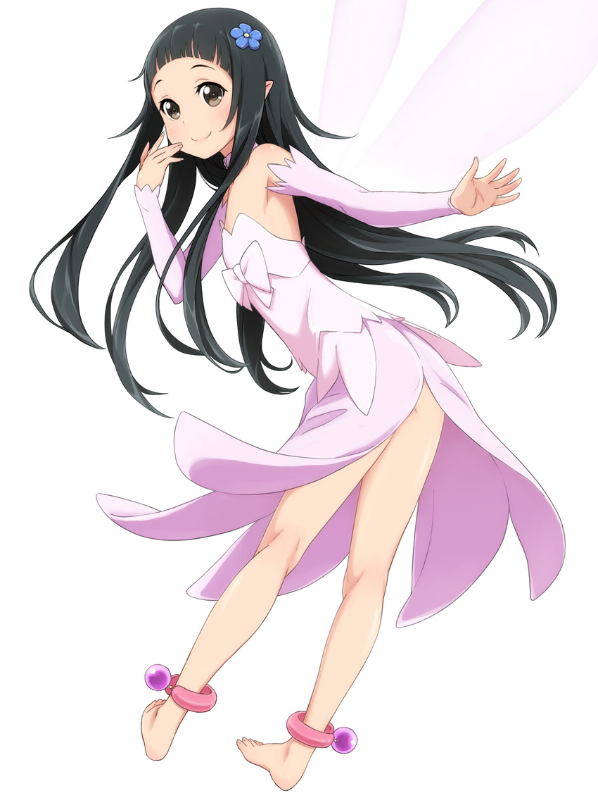 anklet bangs bare_shoulders barefoot black_hair blunt_bangs blush brown_eyes detached_sleeves dress fairy fairy_wings flat_chest flower from_behind hair_ornament highres jewelry kimagure_blue legs long_hair looking_back pointy_ears smile solo sword_art_online wings yui_(sao) yui_(sao-alo)