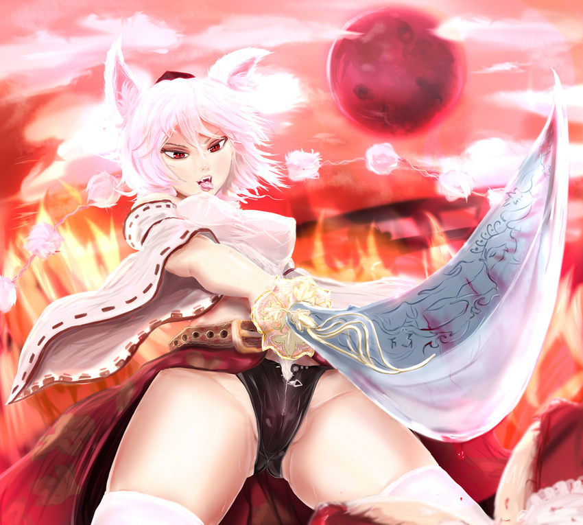 animal_ears belt black_panties blood blood_drip breasts cameltoe cloud commentary covered_nipples cowboy_shot crotch crotch_zipper detached_sleeves fangs female_pov fiery_background fire full_moon hat inubashiri_momiji latex latex_panties leaning_back looking_at_viewer medium_breasts midriff mightyhonk moon open_mouth outdoors panties partially_visible_vulva pom_pom_(clothes) pov pubic_hair red_eyes red_moon red_skirt red_sky ribbon-trimmed_sleeves ribbon_trim saber_(weapon) shirt short_hair silver_hair skirt sky solo spread_legs sword tail taut_clothes taut_shirt thighhighs tokin_hat tongue tongue_out torn_clothes torn_shirt touhou tsurime unbuttoned underwear weapon white_legwear wolf_ears zipper