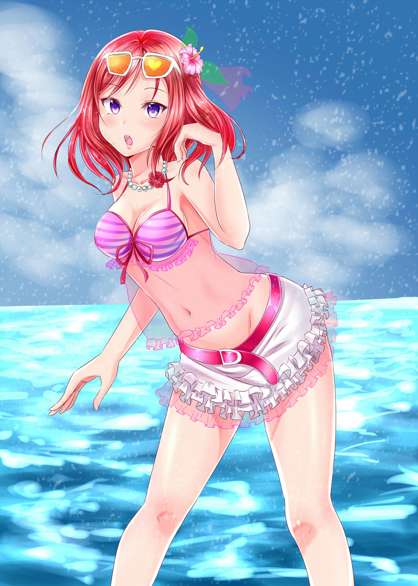 bikini bikini_skirt eyewear_on_head highres love_live! love_live!_school_idol_project natsuiro_egao_de_1_2_jump! nishikino_maki niwatori_(syumi10) purple_eyes red_hair short_hair solo sunglasses swimsuit