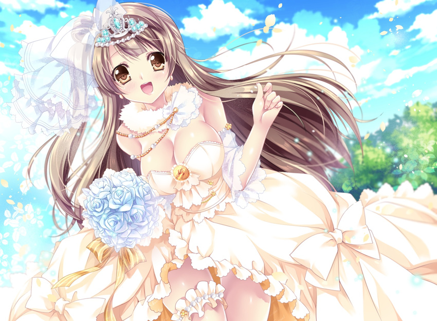 bare_shoulders blush bouquet bow breasts bridal_veil bride brown_eyes brown_hair cleavage crown detached_sleeves dress earrings flower hair_bow jewelry large_breasts long_hair looking_at_viewer love_live! love_live!_school_idol_festival love_live!_school_idol_project minami_kotori one_side_up open_mouth sakurano_tsuyu smile solo thigh_strap veil wedding_dress