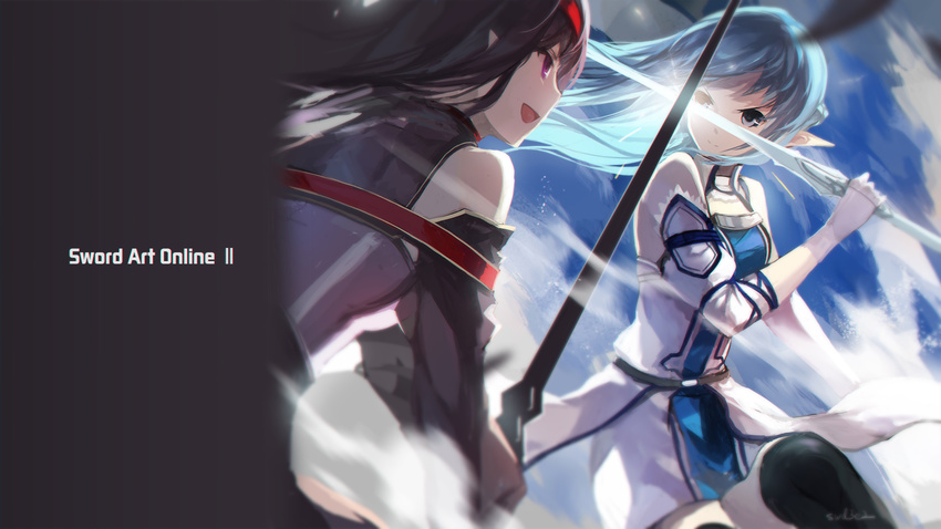 asuna_(sao) asuna_(sao-alo) bad_id bad_pixiv_id battle black_hair blue_hair duel hairband highres multiple_girls pointy_ears swd3e2 sword sword_art_online weapon yuuki_(sao)