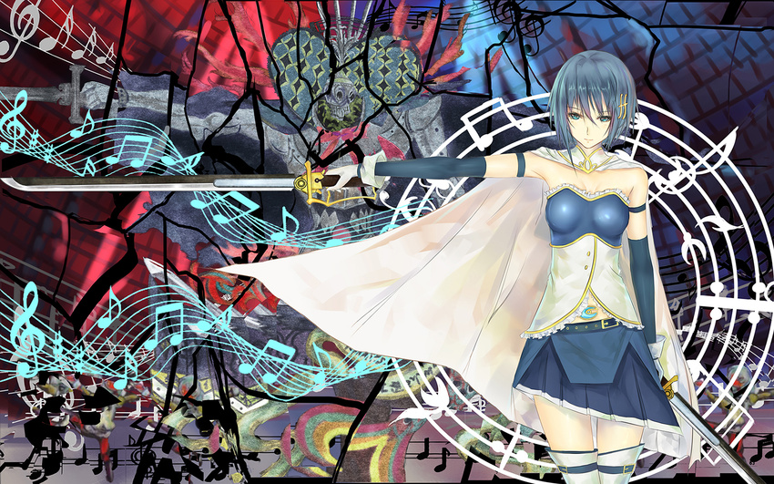 bad_id bad_pixiv_id blue_eyes blue_hair cape highres inneanis magical_girl mahou_shoujo_madoka_magica midriff miki_sayaka musical_note oktavia_von_seckendorff skirt solo sword thighhighs weapon zettai_ryouiki