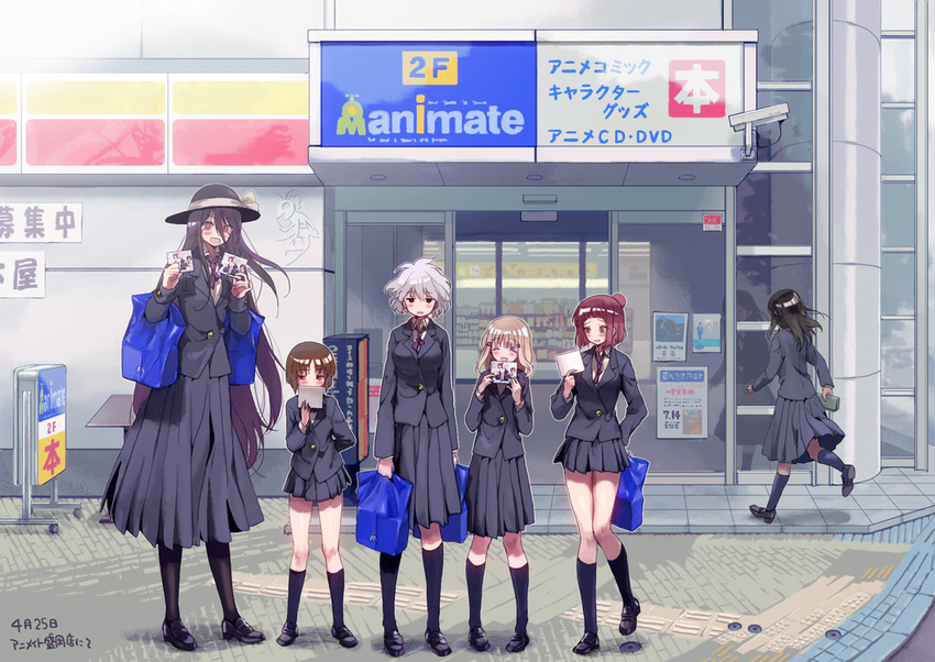 :d aislinn_wishart anetai_toyone ass behind_ear black_hair blonde_hair blush brown_hair building city full_body hair_bun hana-kagume hat height_difference kakura_kurumi kosegawa_shiromi long_hair miyamori_school_uniform multiple_girls open_mouth pantyhose pavement real_world_location red_eyes red_hair ribbon road saki school_uniform short_hair sign silver_hair skirt smile standing street table tactile_paving tall ubukata_aoi usuzawa_sae white_hair