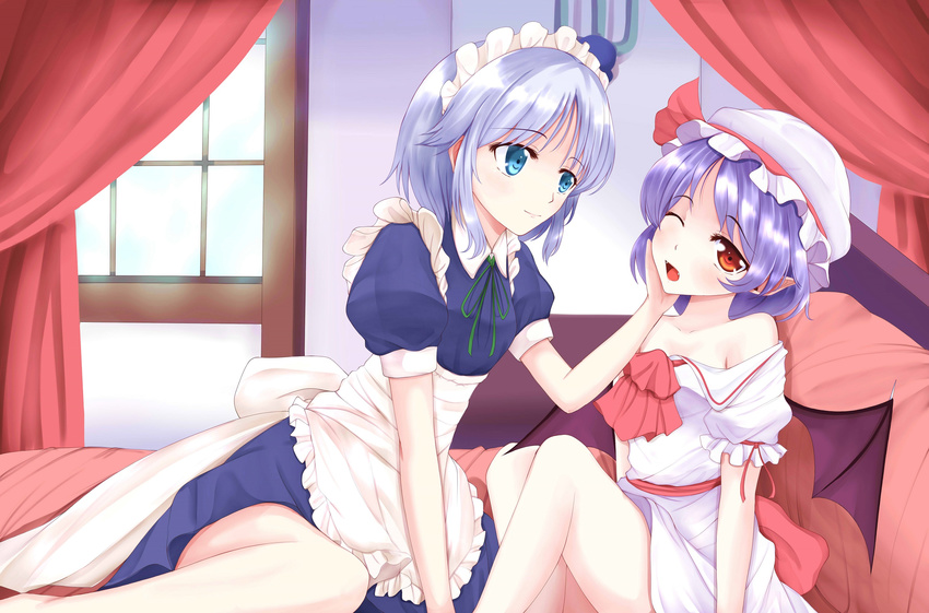 bad_id bad_pixiv_id bat_wings blue_eyes braid hand_on_another's_face hat highres izayoi_sakuya maid maid_headdress multiple_girls one_eye_closed open_mouth pointy_ears purple_hair red_eyes remilia_scarlet ribbon short_hair silver_hair smile touhou twin_braids wendell wings