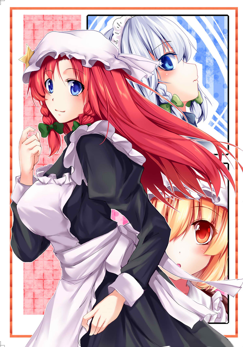 :o alternate_costume apron bangs black_dress blonde_hair blue_dress blue_eyes braid breasts cover cover_page doujin_cover dress enmaided flandre_scarlet hair_ribbon highres hong_meiling izayoi_sakuya large_breasts light_smile long_dress long_sleeves looking_at_viewer maid maid_apron maid_cap multiple_girls parted_bangs puffy_long_sleeves puffy_sleeves red_eyes red_hair ribbon ryuushou short_hair silver_hair smile star touhou tress_ribbon twin_braids