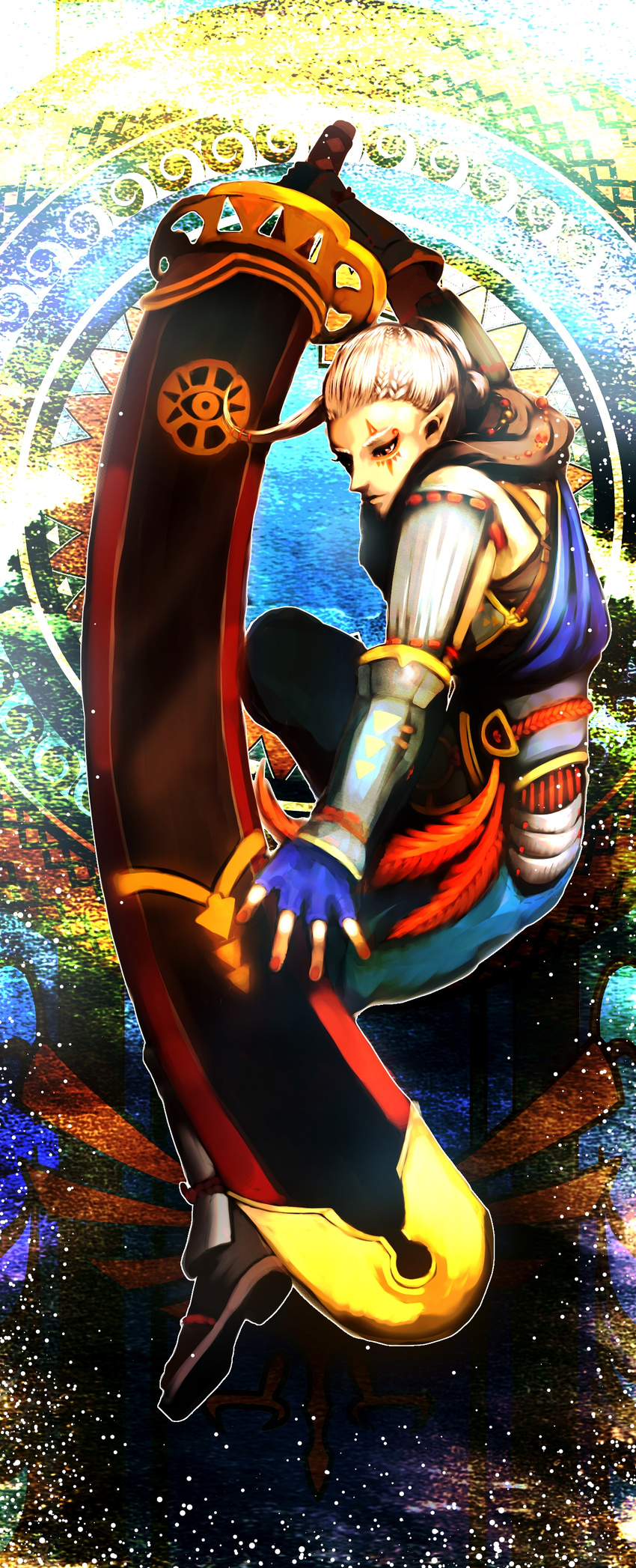 absurdres armor bracer dark_skin facial_tattoo fingerless_gloves gloves greaves highres huge_weapon impa matcho pointy_ears red_eyes scabbard sheath sheathed shoulder_pads silver_hair solo sword tattoo the_legend_of_zelda weapon zelda_musou