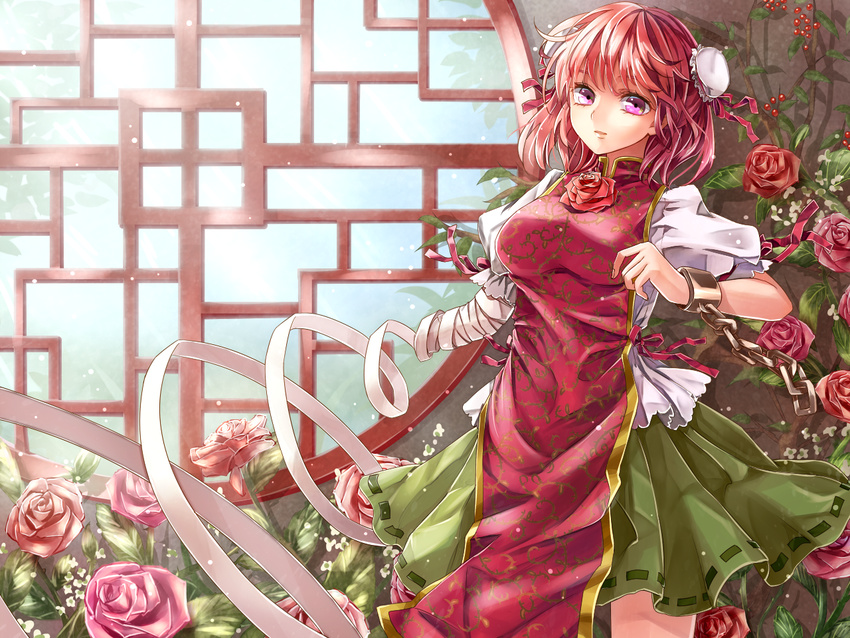 amputee bandages bangs blouse breasts bun_cover chain cuffs double_bun flower green_skirt ibaraki_kasen large_breasts lattice looking_at_viewer parted_lips pink_eyes pink_flower pink_hair pink_rose puffy_short_sleeves puffy_sleeves red_flower red_rose ribbon-trimmed_skirt ribbon_trim rose shackles shironeko_yuuki shirt short_sleeves skirt solo standing tabard touhou white_blouse