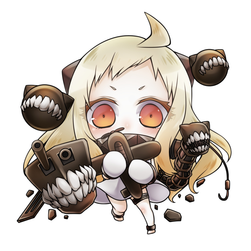 ahoge aircraft airplane chibi dress full_body highres holding horns kantai_collection long_hair looking_at_viewer machinery mittens northern_ocean_hime orange_eyes pale_skin rom shinkaisei-kan silver_hair solo transparent_background turret white_dress