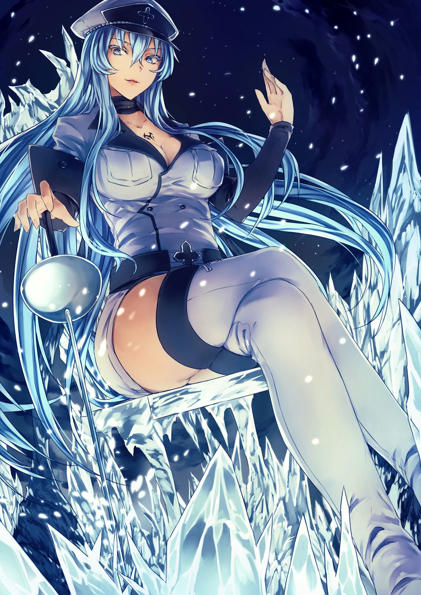 akame_ga_kill! blue_eyes blue_hair boots breasts esdeath esdese hat ice large_breasts long_hair sitting solo sword tattoo uniform weapon