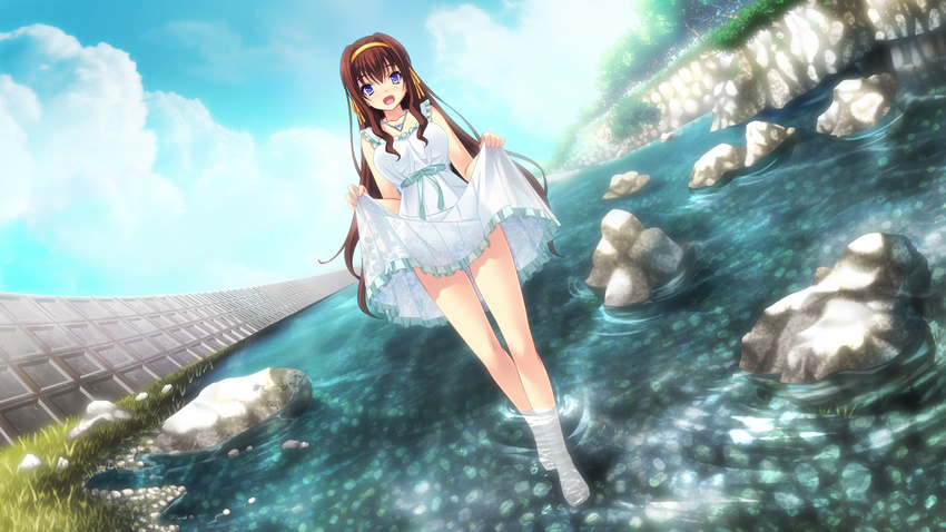 1girl anata_no_koto_wo_suki_to_iwasete barefoot blue_eyes breasts brown_hair cloud clouds cygnus_(artist) dress feet fujikura_yukino game_cg happy highres large_breasts long_hair looking_at_viewer open_mouth river satofuji_masato sky smile standing toes water