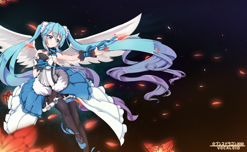 7th_dragon_(series) 7th_dragon_2020 absurdly_long_hair aqua_eyes aqua_hair arm_ribbon bare_shoulders black_legwear blue_eyes blue_footwear blue_hair blush choker copyright_name dress floating frilled_dress frilled_skirt frills hair_ornament hairband hatsune_miku highres leg_ribbon long_hair looking_away neck_ribbon pantyhose petals ribbon shoes skirt solo sugar_sound tears twintails very_long_hair vocaloid wings wristband