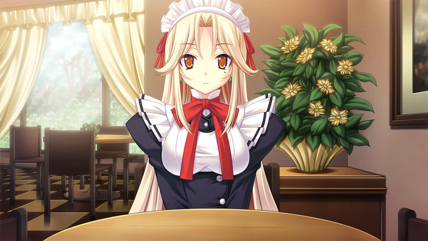 1girl anata_no_koto_wo_suki_to_iwasete blonde_hair bow bowtie breasts chair curtains cygnus_(artist) earrings flower game_cg highres jewelry long_hair looking_at_viewer maid maid_headdress medium_breasts mole onose_shizuka orange_eyes satofuji_masato sitting table vase