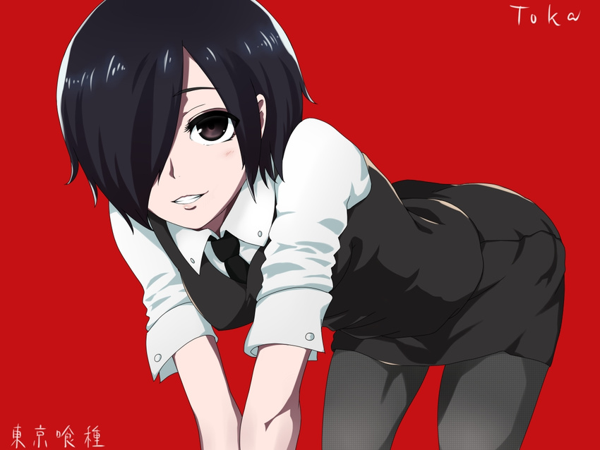 bent_over black_hair blush brown_eyes hair_over_one_eye kirishima_touka pantyhose red_background sanagi_(diohazard) short_hair skirt smile solo tokyo_ghoul vest