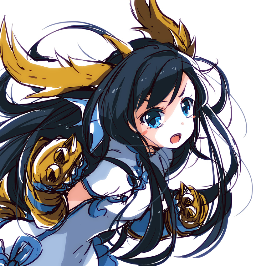 black_hair blue_eyes blush_stickers brass_knuckles china_dress chinese_clothes dragon_girl dragon_horns dress gloves head_fins highres horns karin_(p&amp;d) long_hair open_mouth pikomarie puzzle_&amp;_dragons solo spiked_knuckles weapon white_background