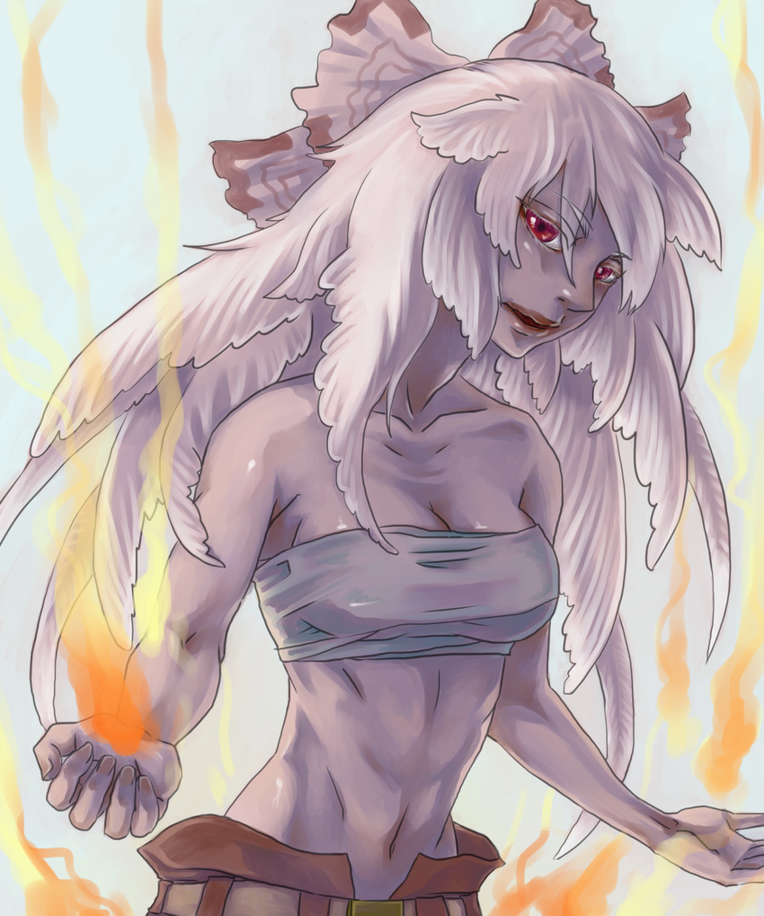 alternate_hairstyle bare_shoulders colored_eyelashes feathers fire flame fujiwara_no_mokou hair_ribbon highres long_hair mago_(gengennikoniko) open_mouth red_eyes ribbon solo touhou white_hair